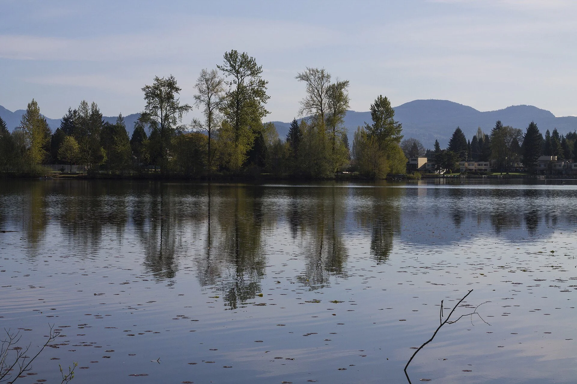 Mill Lake in Abbotsford with trees and mountains reflected in the water.