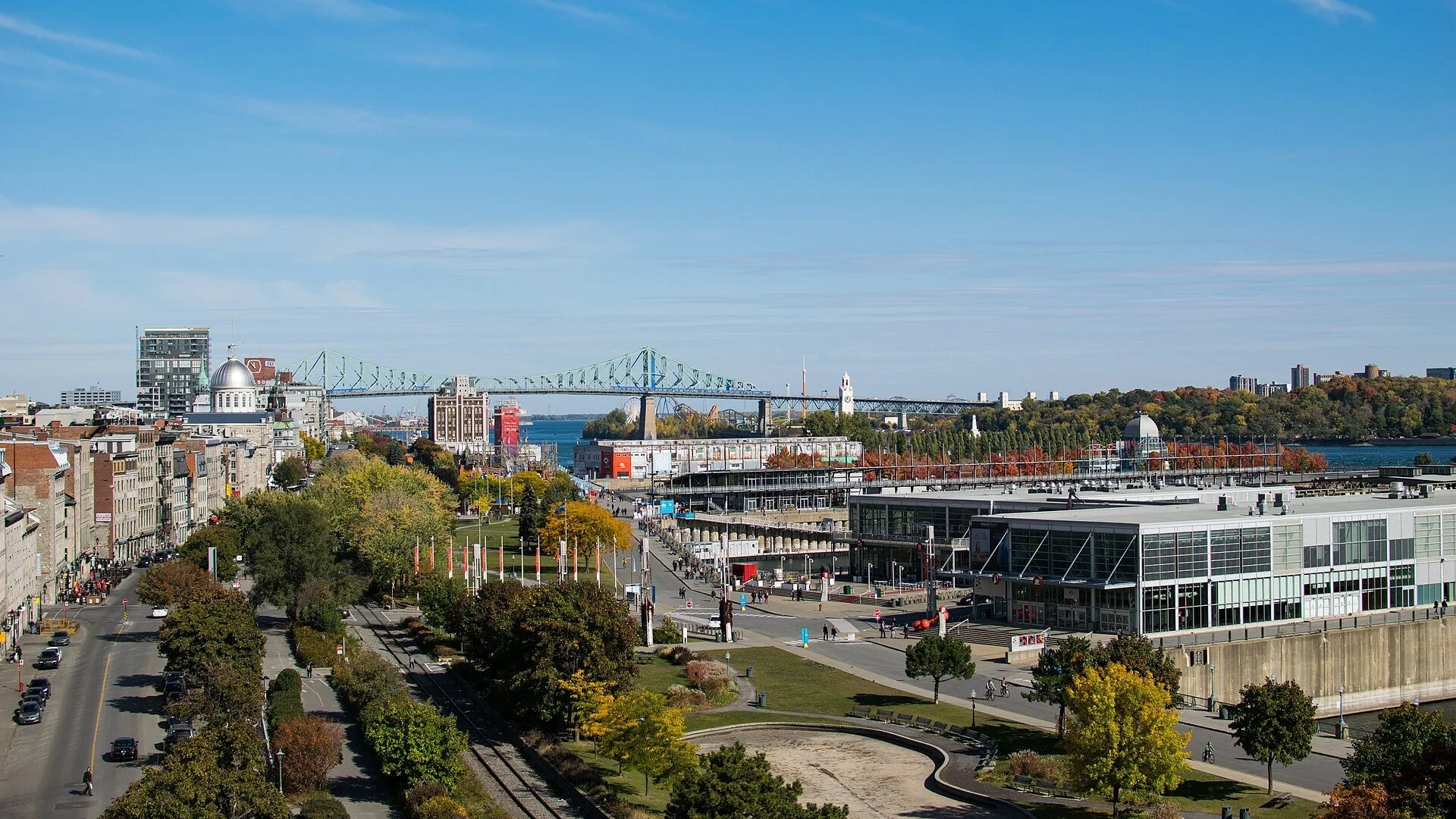 The Old Port of Montreal and the St. Lawrence River seen from the roof of the Pointe-a-Calliere Museum.