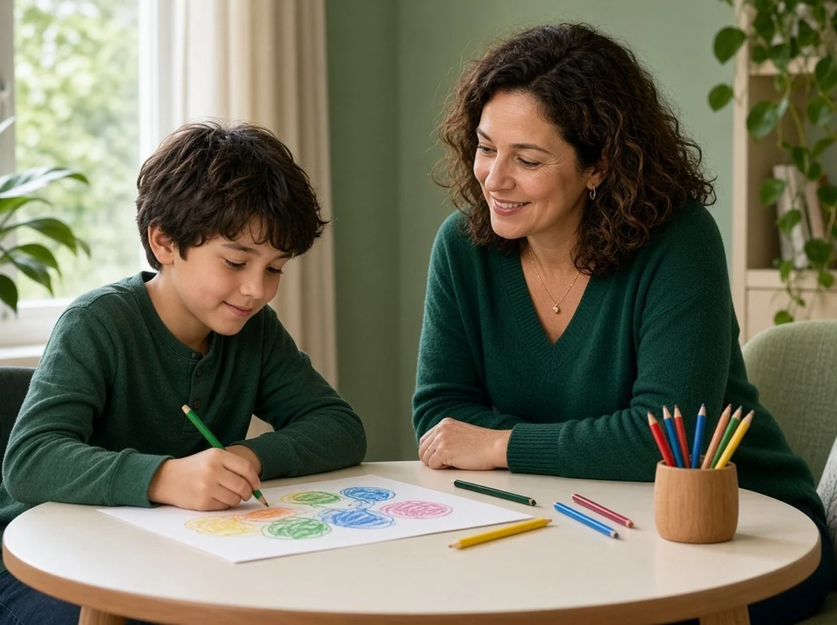 A child drawing with a counsellor at a table