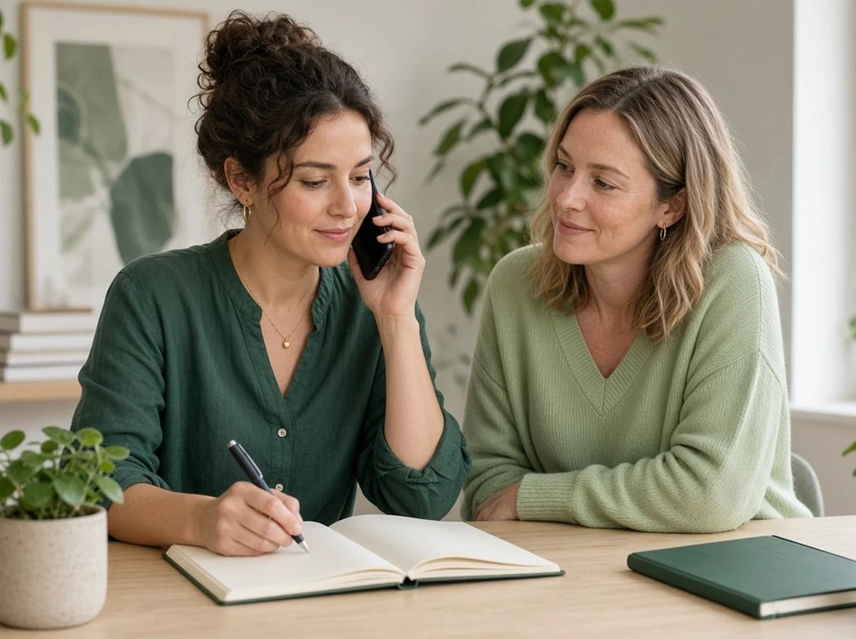 Woman on a phone call taking notes while a friend sits beside her