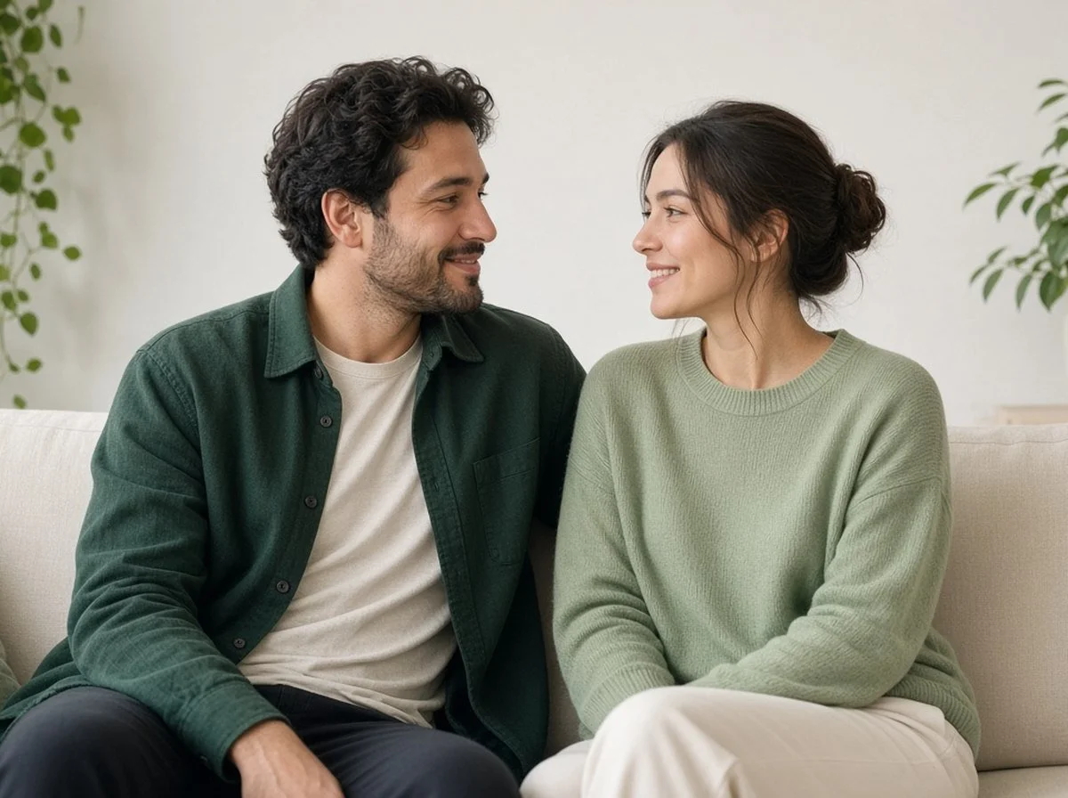 A couple sitting on a couch turning toward each other to talk