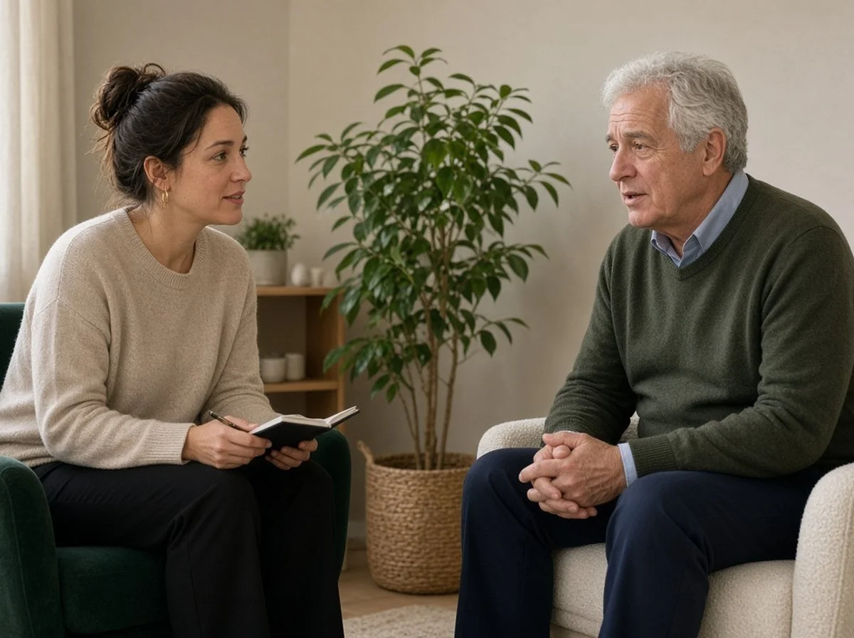 A counsellor and a client talking face to face in a calm counselling room