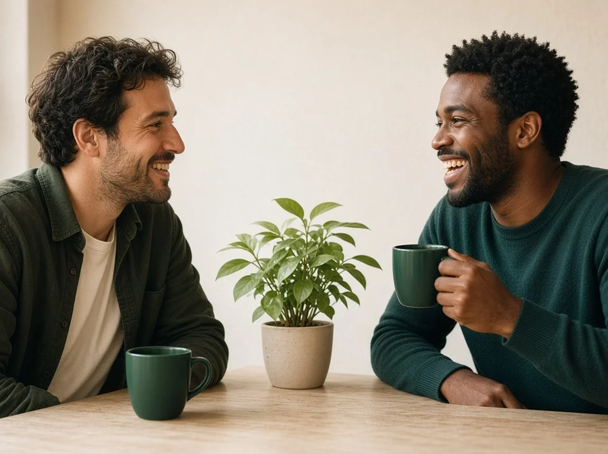 Two men laughing together over coffee
