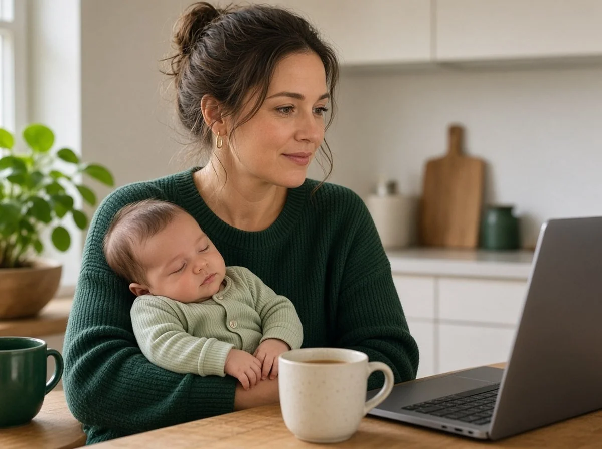 A new parent holding a sleeping baby during an online therapy session at home