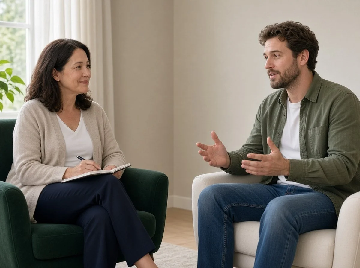 A counsellor and a client talking face to face in armchairs in a bright counselling room