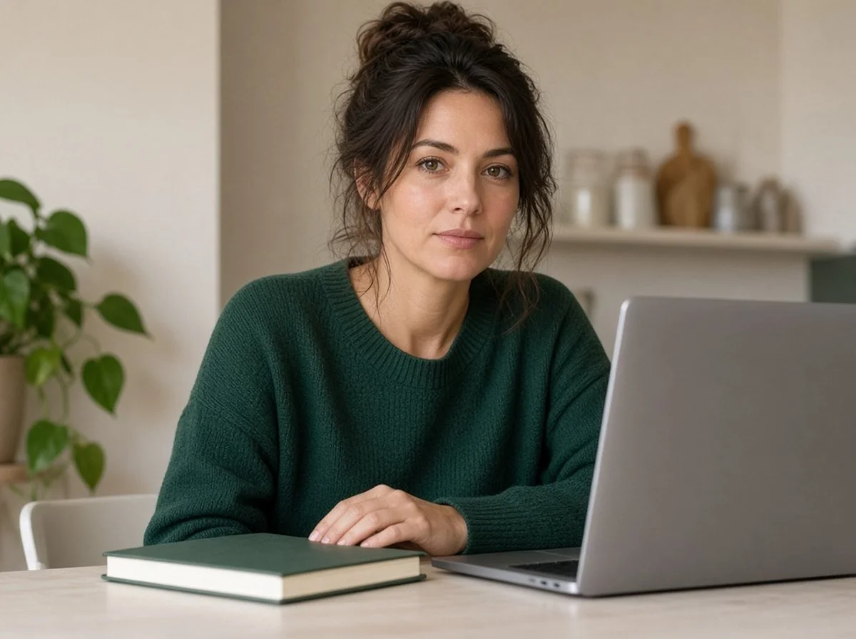 A woman at a table looking up from a laptop, calm and thoughtful, face toward the camera