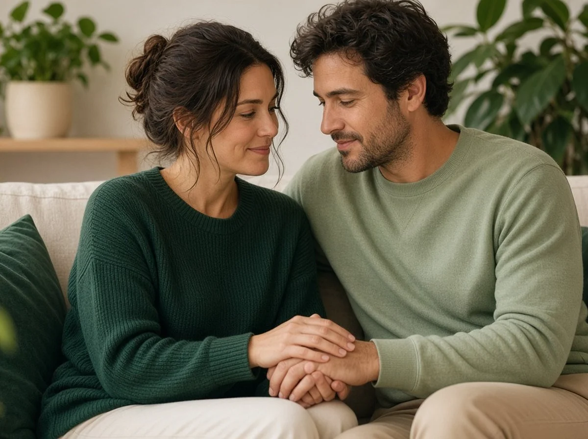 A couple on a couch at home, one supporting the other