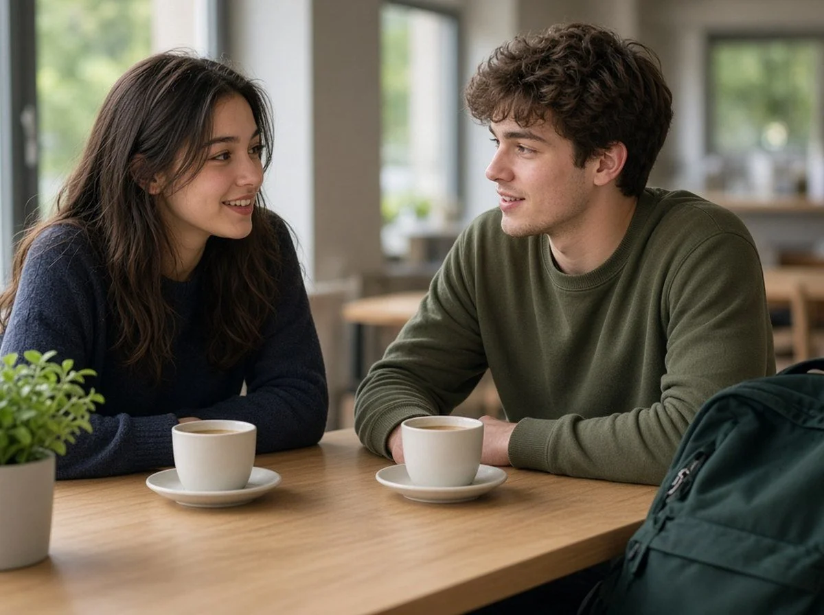 Two students facing each other talking over coffee at a cafe table