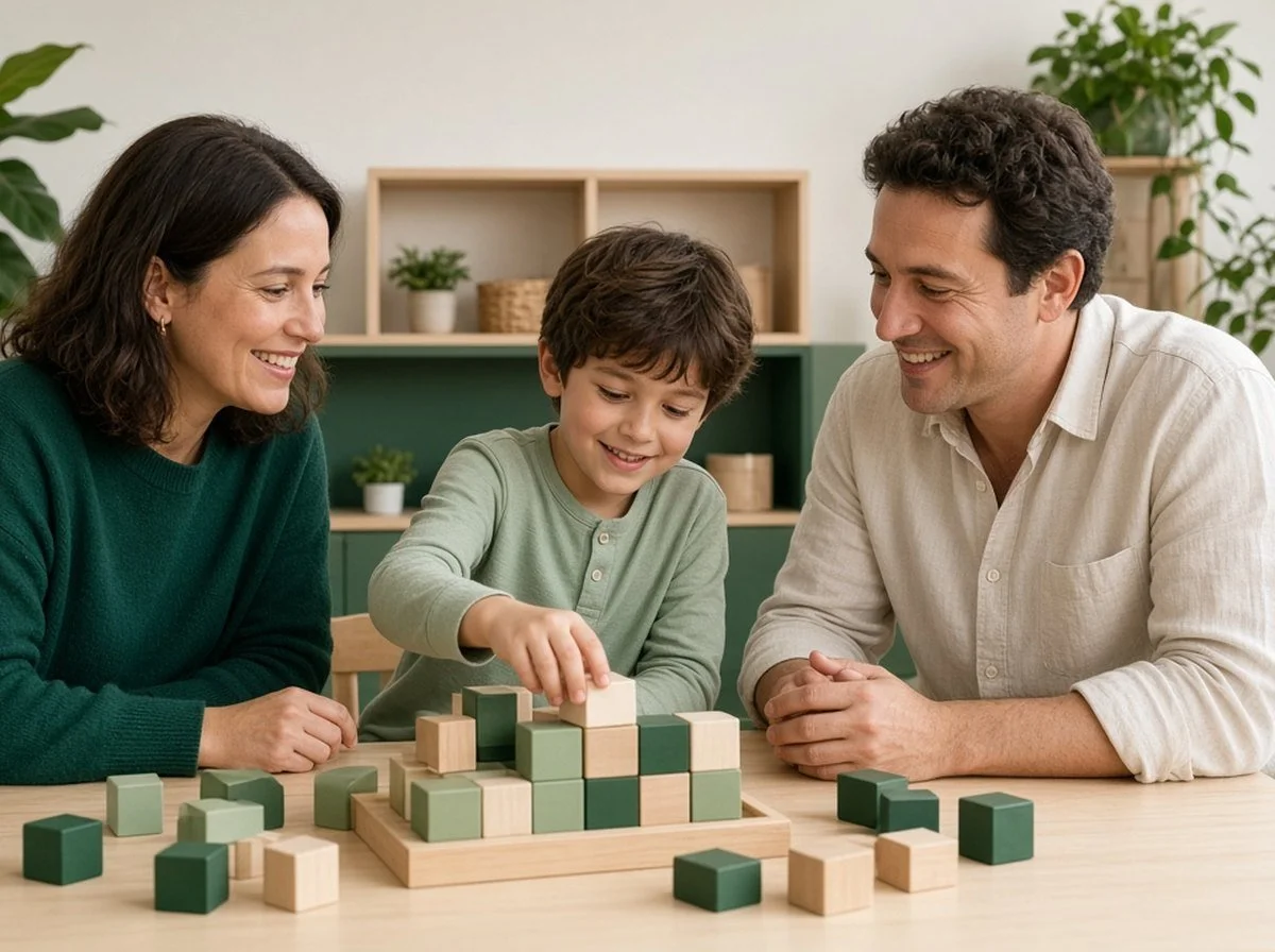 A parent and child doing a puzzle with a friendly child psychologist in a bright office
