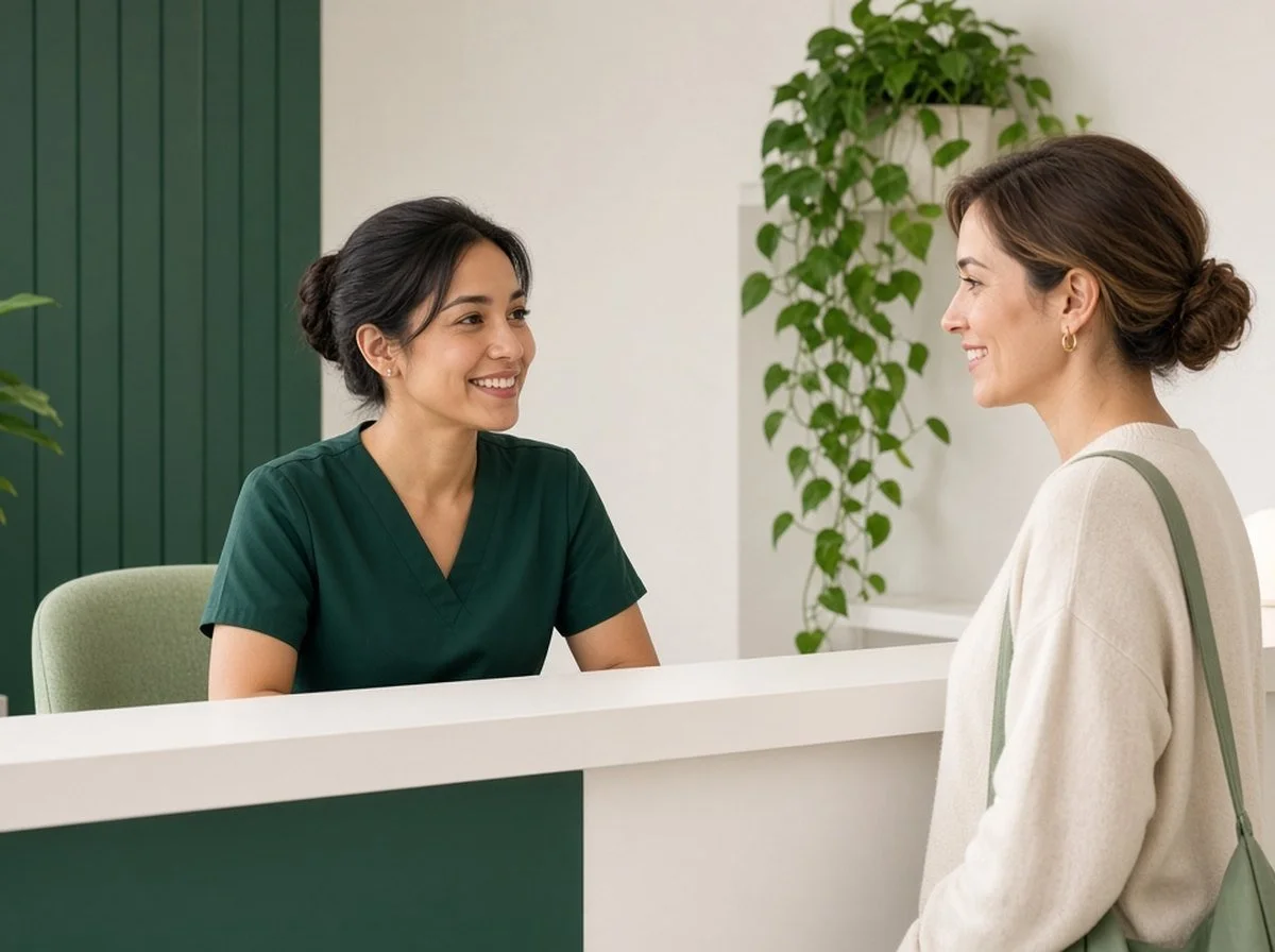 A friendly clinic admin team member helping a client at a reception desk
