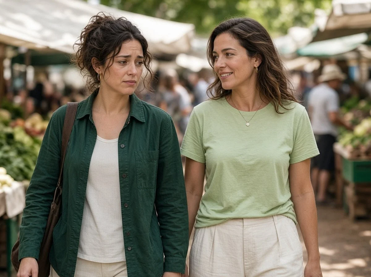 Two friends talking as they walk through a sunny farmers market