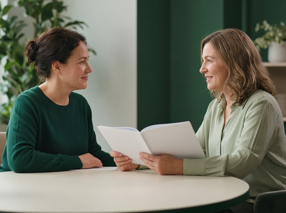 Parent smiling as a psychologist explains a report at a round table