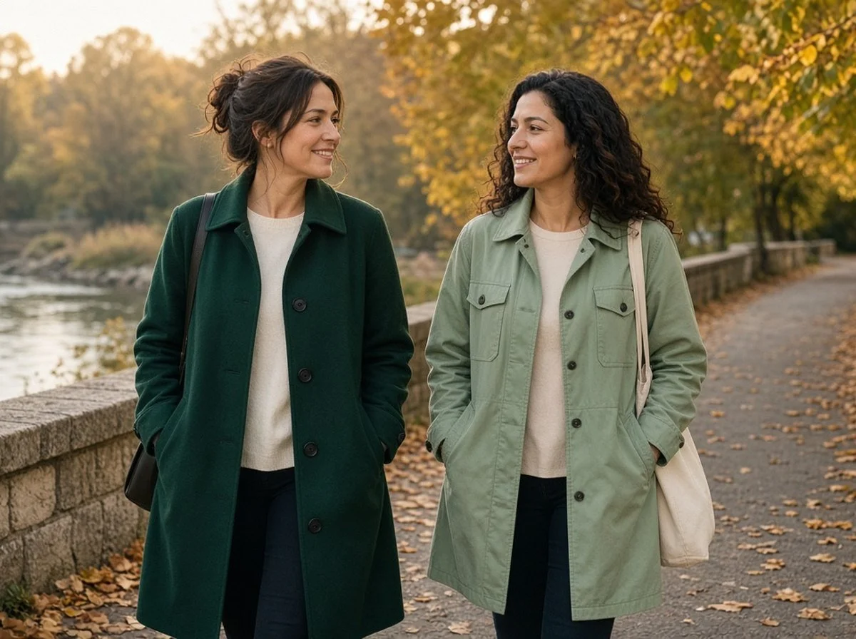 Two friends talking on a walk by the river