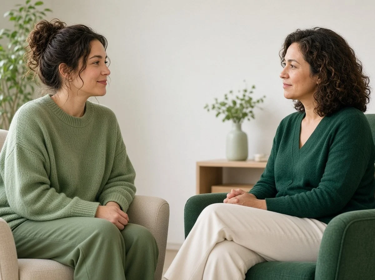A new mother talking with a therapist in a bright counselling office