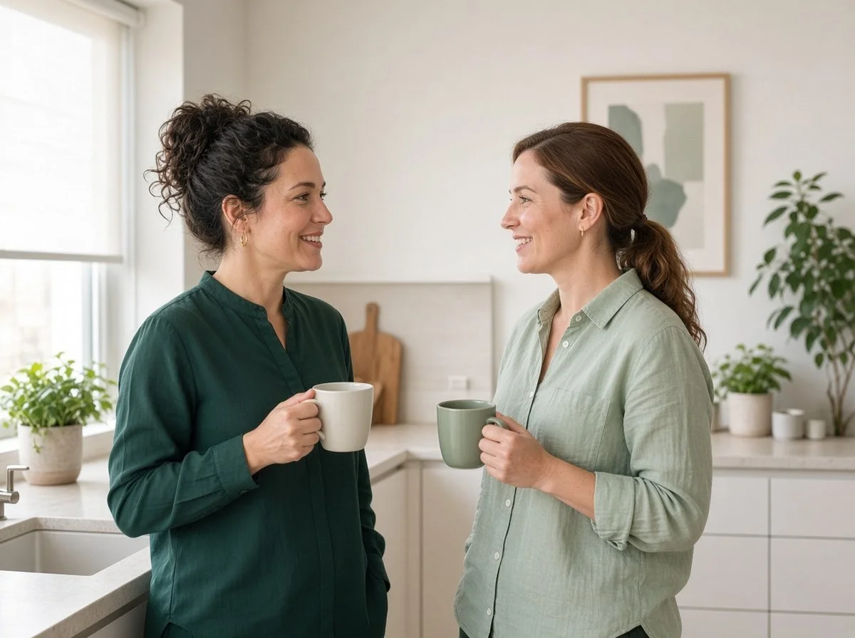 Two coworkers chatting confidently over mugs in a bright office kitchen
