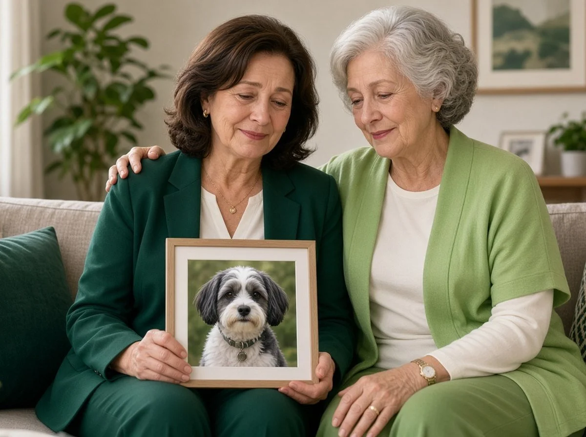 A woman holding a photo of her dog while an older woman comforts her