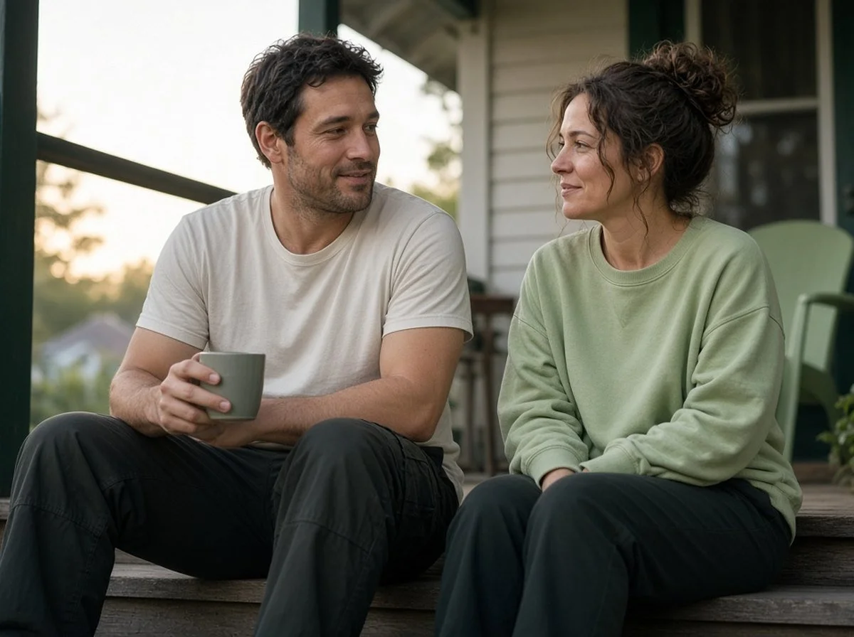 A first responder with a coffee talking with his partner on a porch step at dawn