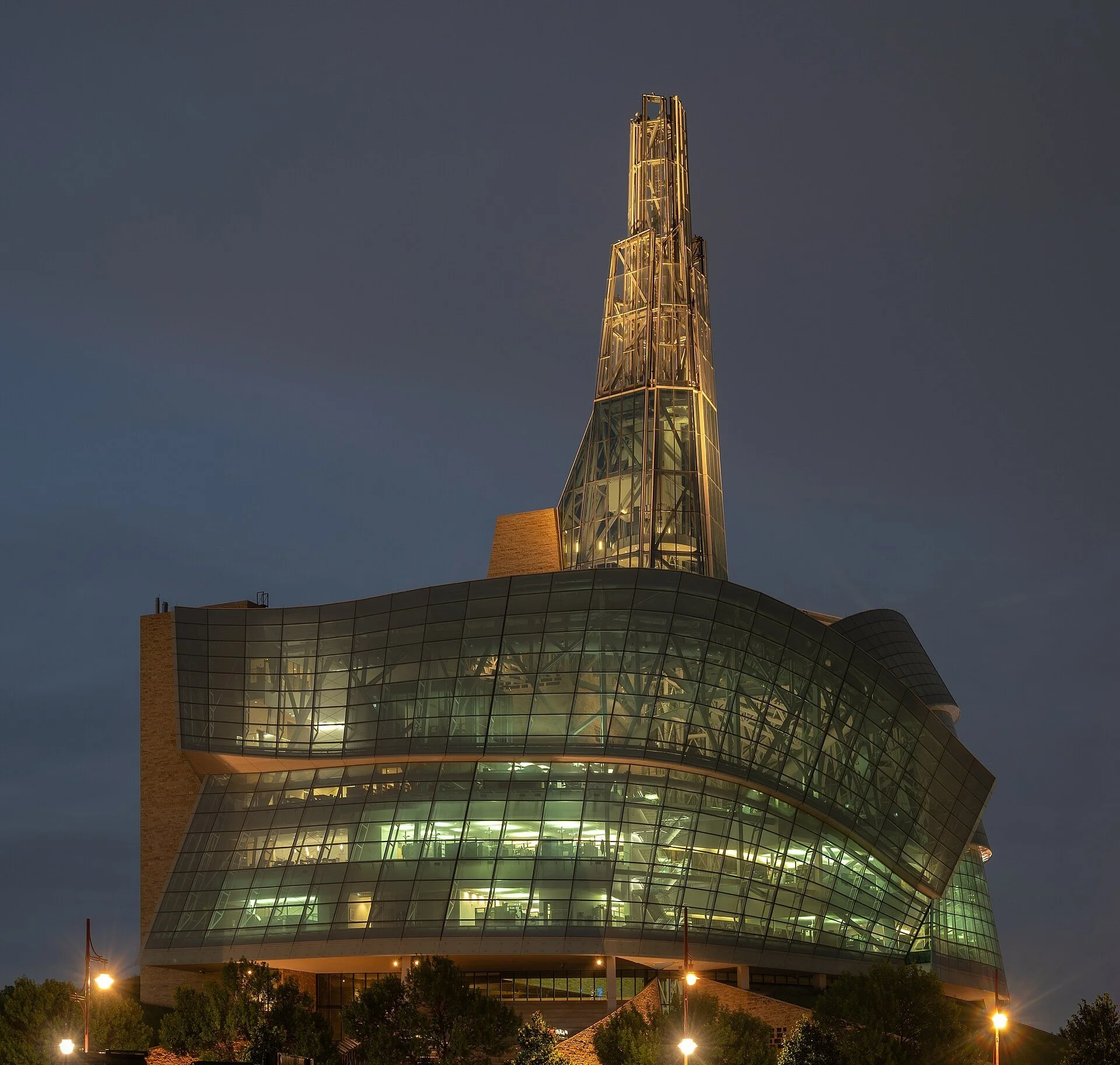 The Canadian Museum for Human Rights lit up at night in Winnipeg.