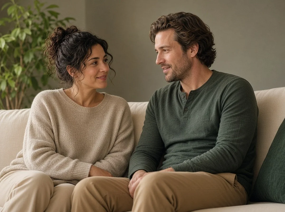 Two partners on a couch facing each other, both faces visible, calm evening light