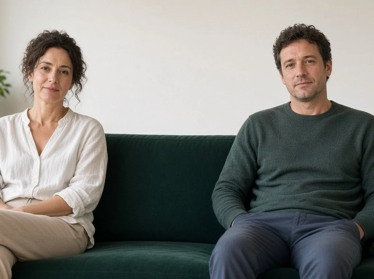 Couple sitting apart on a green sofa