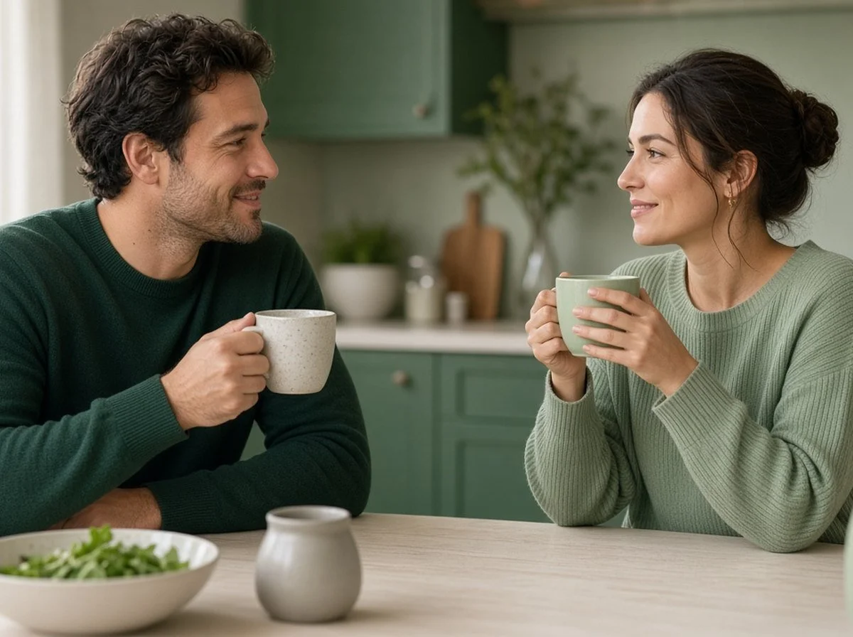 A couple talking openly at a kitchen table