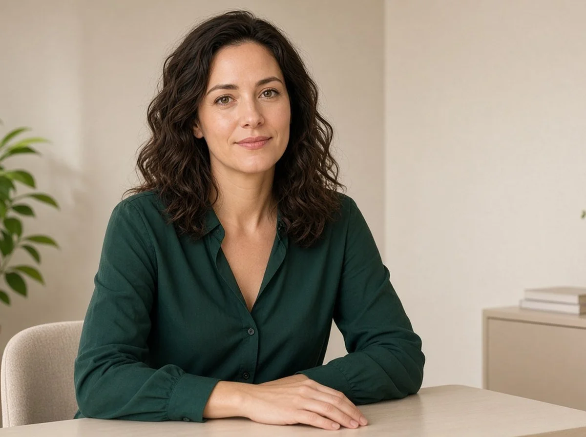 Woman sitting at a table with relaxed hands, looking calm