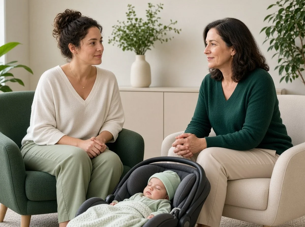 A new mother talking with a therapist while her baby sleeps in a carrier beside her