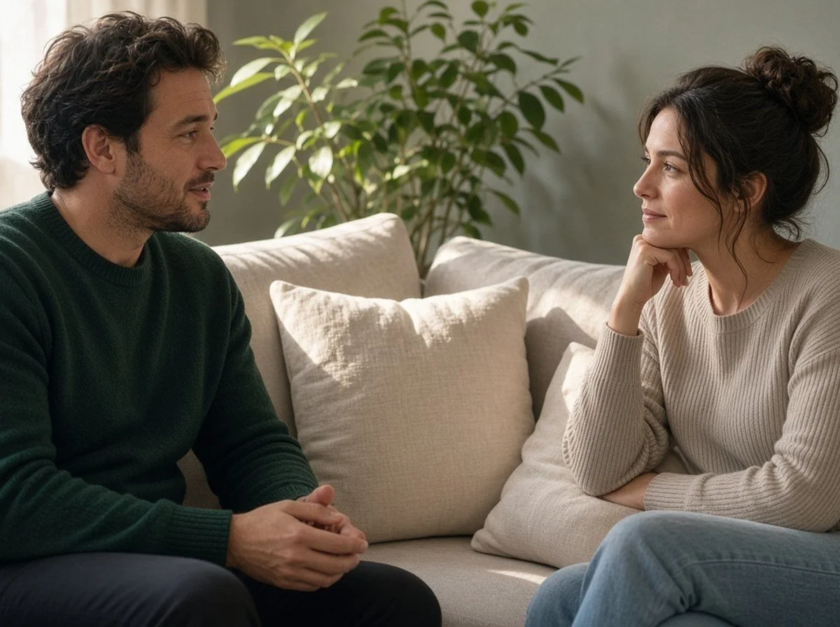 A couple sitting face to face on a couch, both faces visible, talking carefully