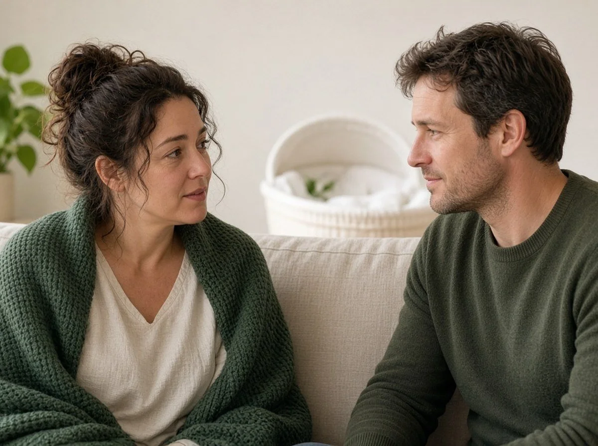 A tired new parent and their partner sitting face to face, both faces visible