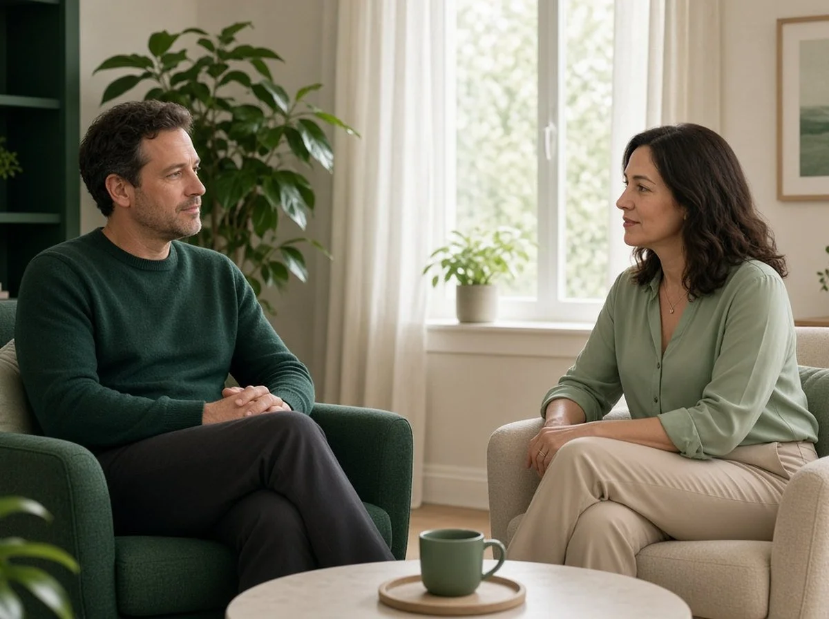 a man talking with a counsellor in a calm office