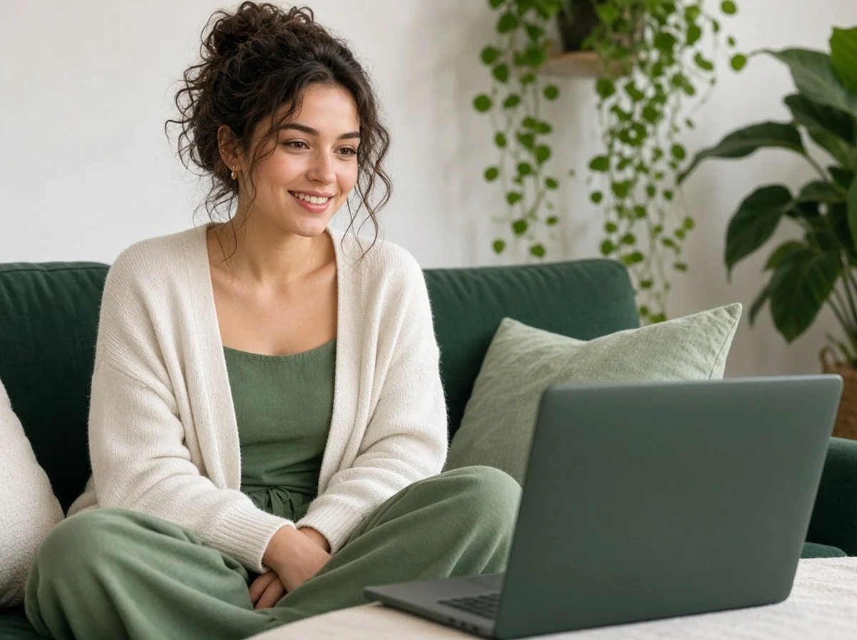 A woman in an online therapy session at home