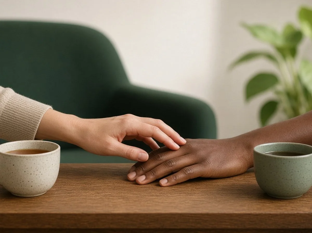 Two partners' hands reaching toward each other during couples counselling.