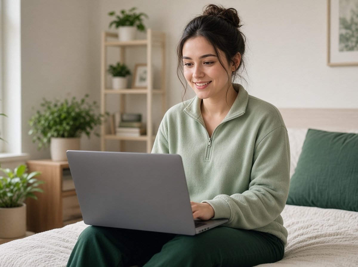 A university student in a residence room during an online therapy session