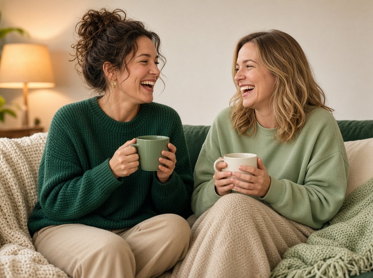 Two friends sharing tea on a cozy sofa