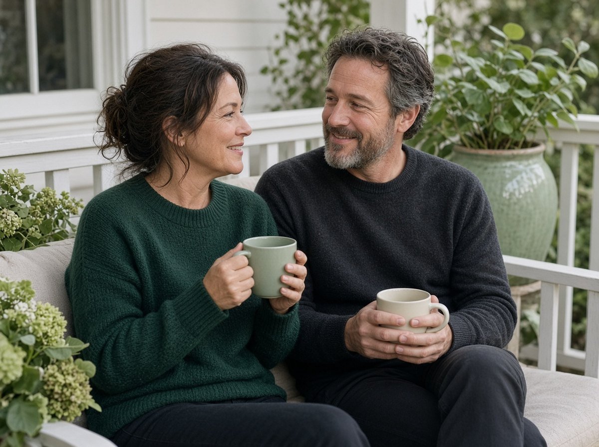 Two adult siblings talking calmly together on a porch