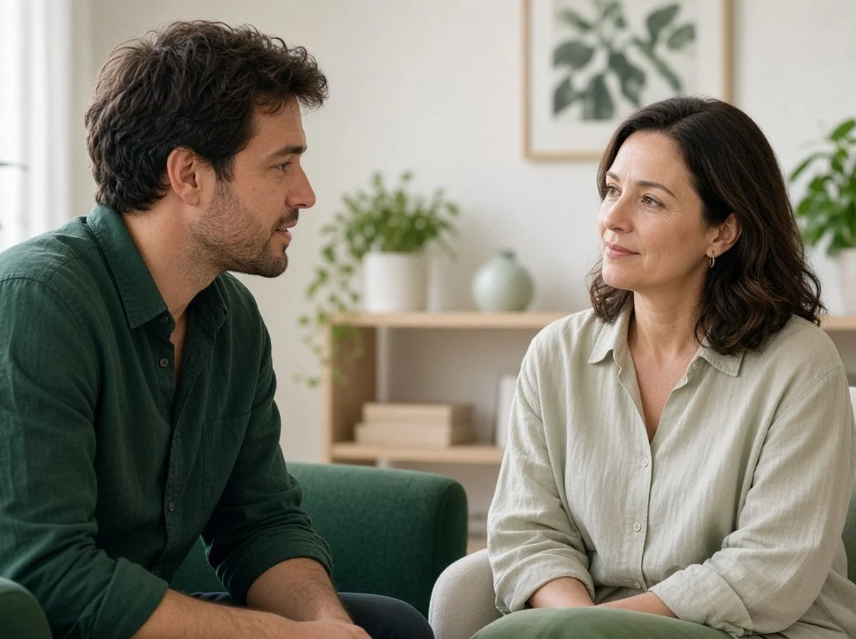 A man talking with a therapist about work stress