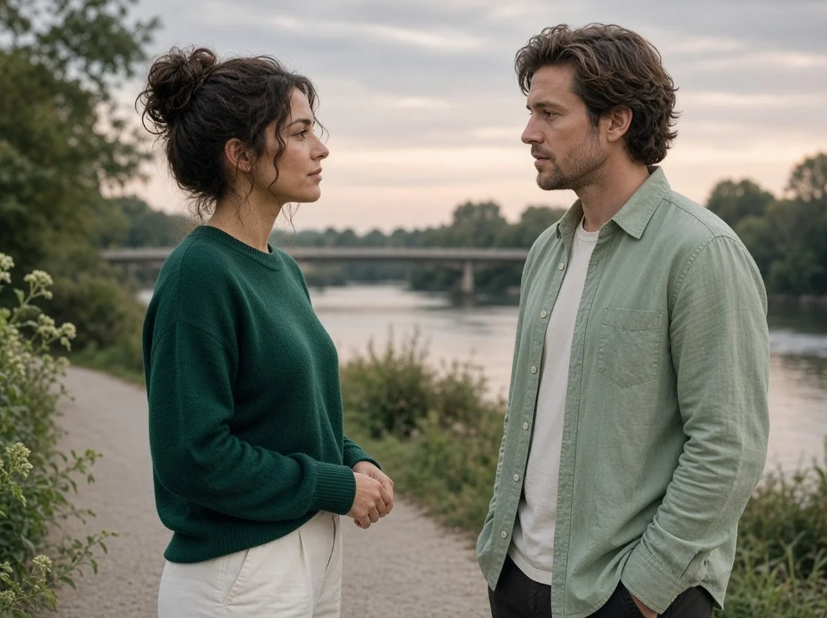 Woman and her brother talking calmly face to face on a riverside path at dusk