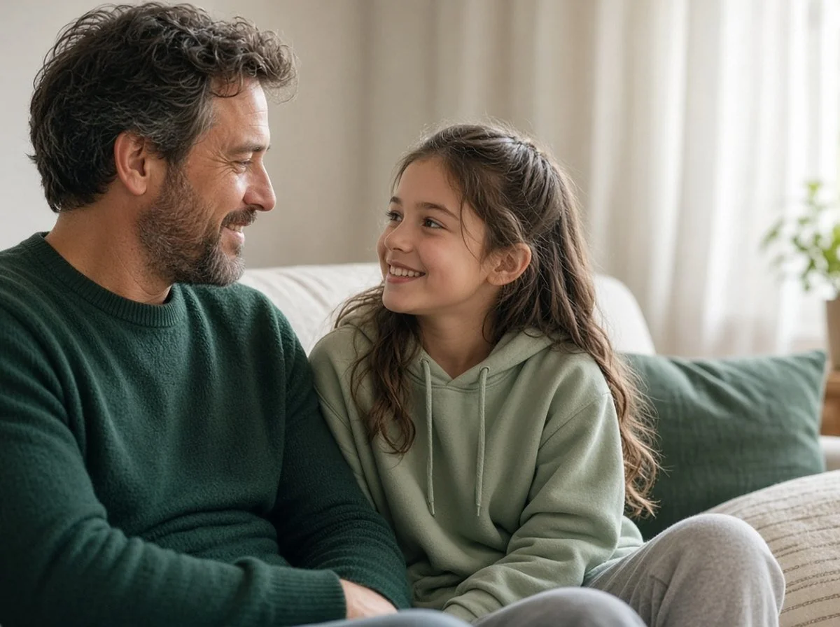 A father and daughter talking together at home