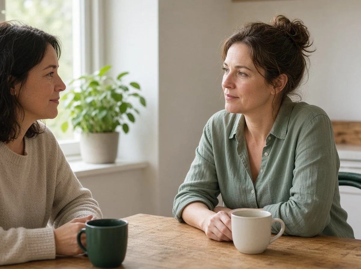 Two friends sitting across a kitchen table talking calmly, both faces visible