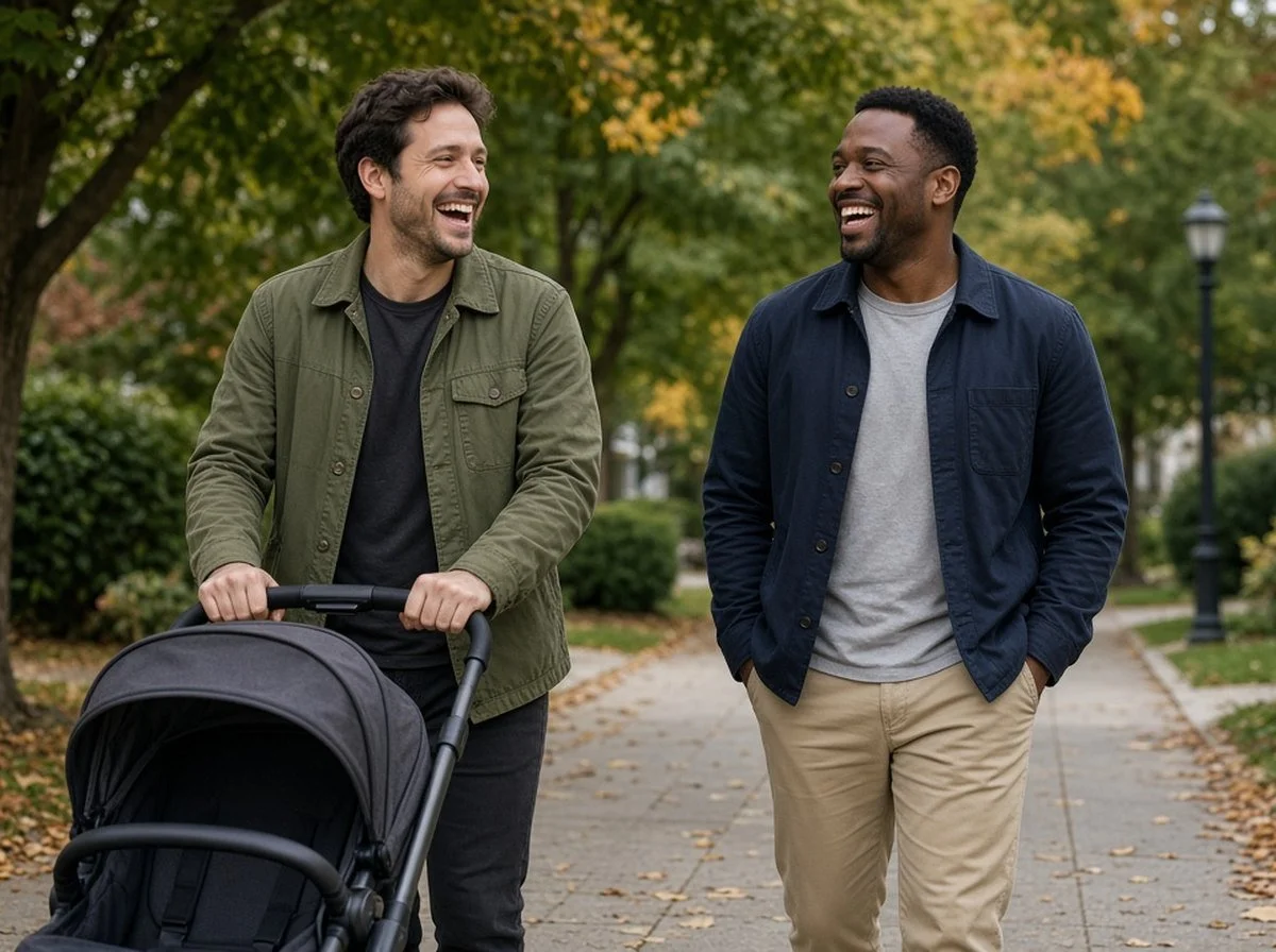 A new dad pushing a stroller and laughing with a friend on a walk