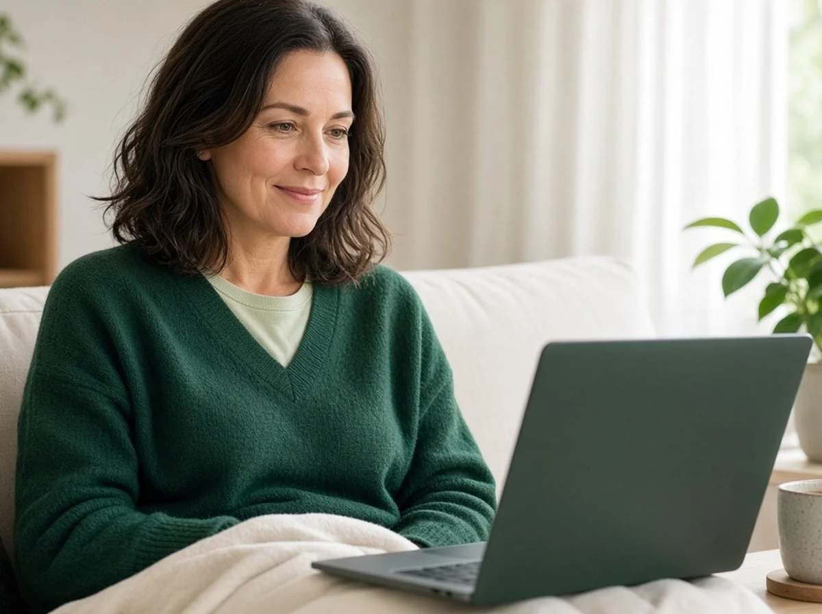 A woman in her forties in a calm online therapy session at home