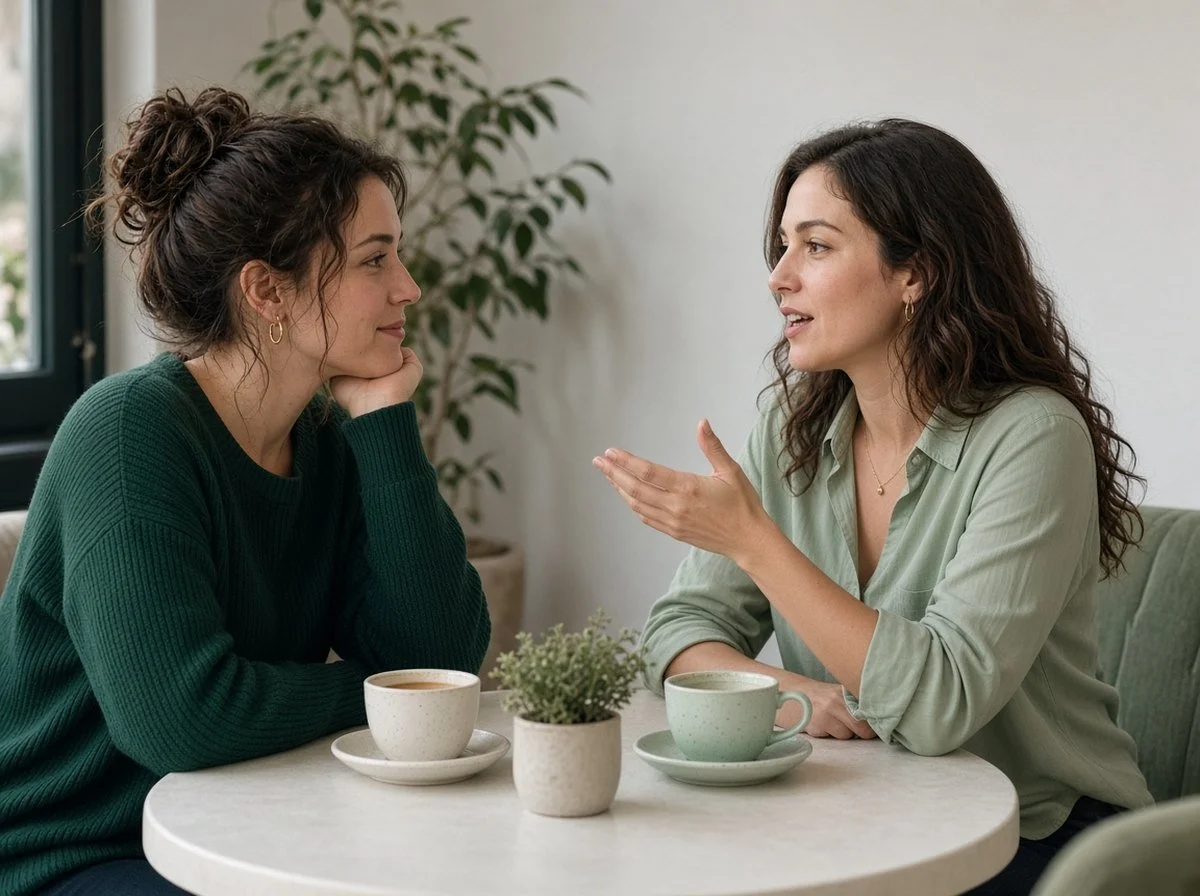 Two friends talking openly over tea at a cafe table