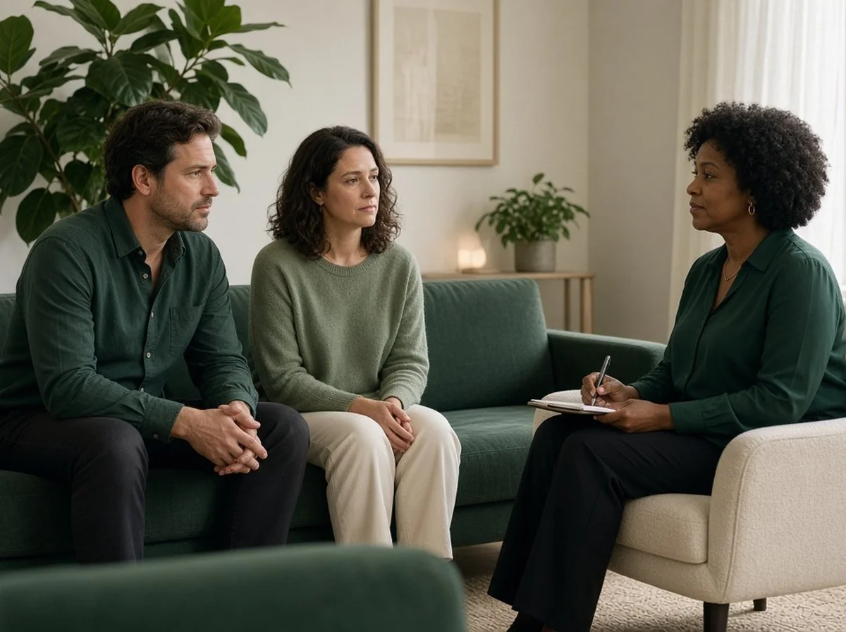 Couple on a sofa talking with a therapist