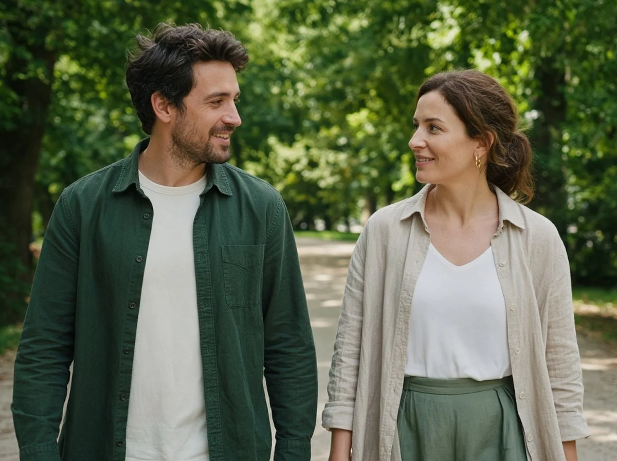 Two friends walking and talking on a sunny park path