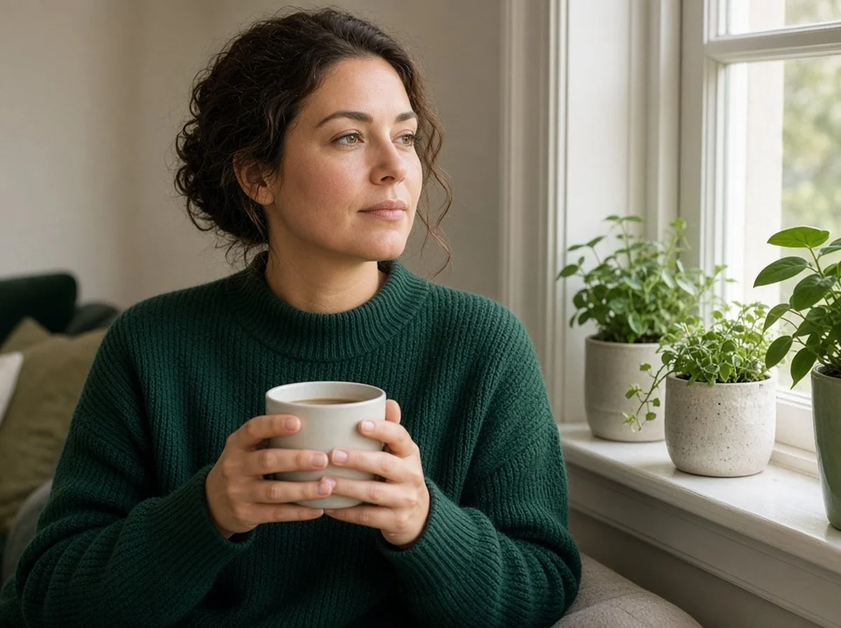 Woman holding a cup of tea by a sunny window