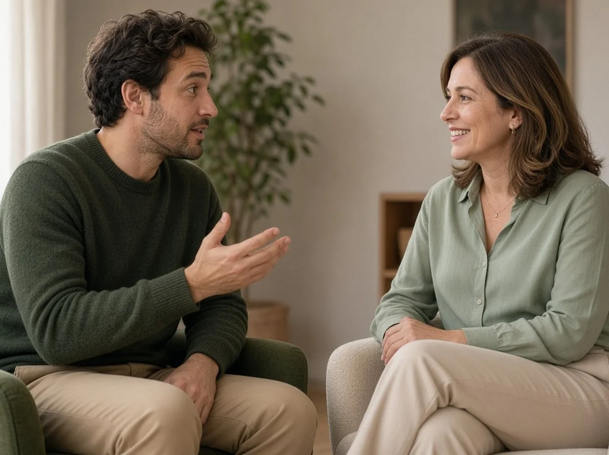 Man and a psychologist talking in a warm, softly lit office
