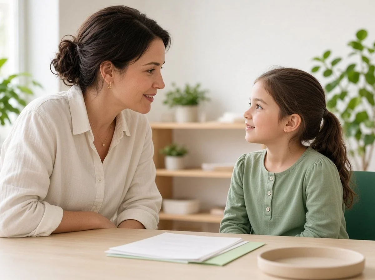 A teacher and a child talking kindly at a classroom table