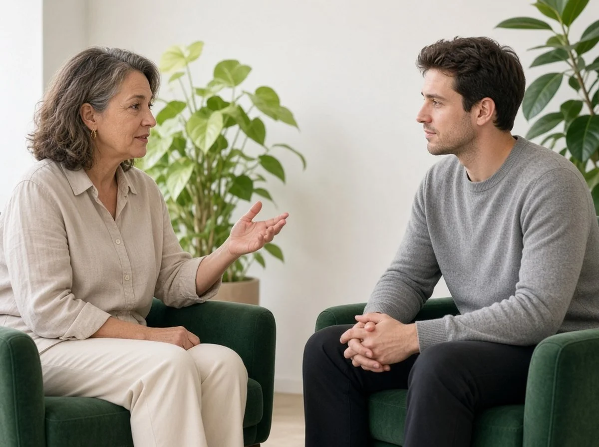 Woman in her fifties gesturing as she talks with a young male therapist