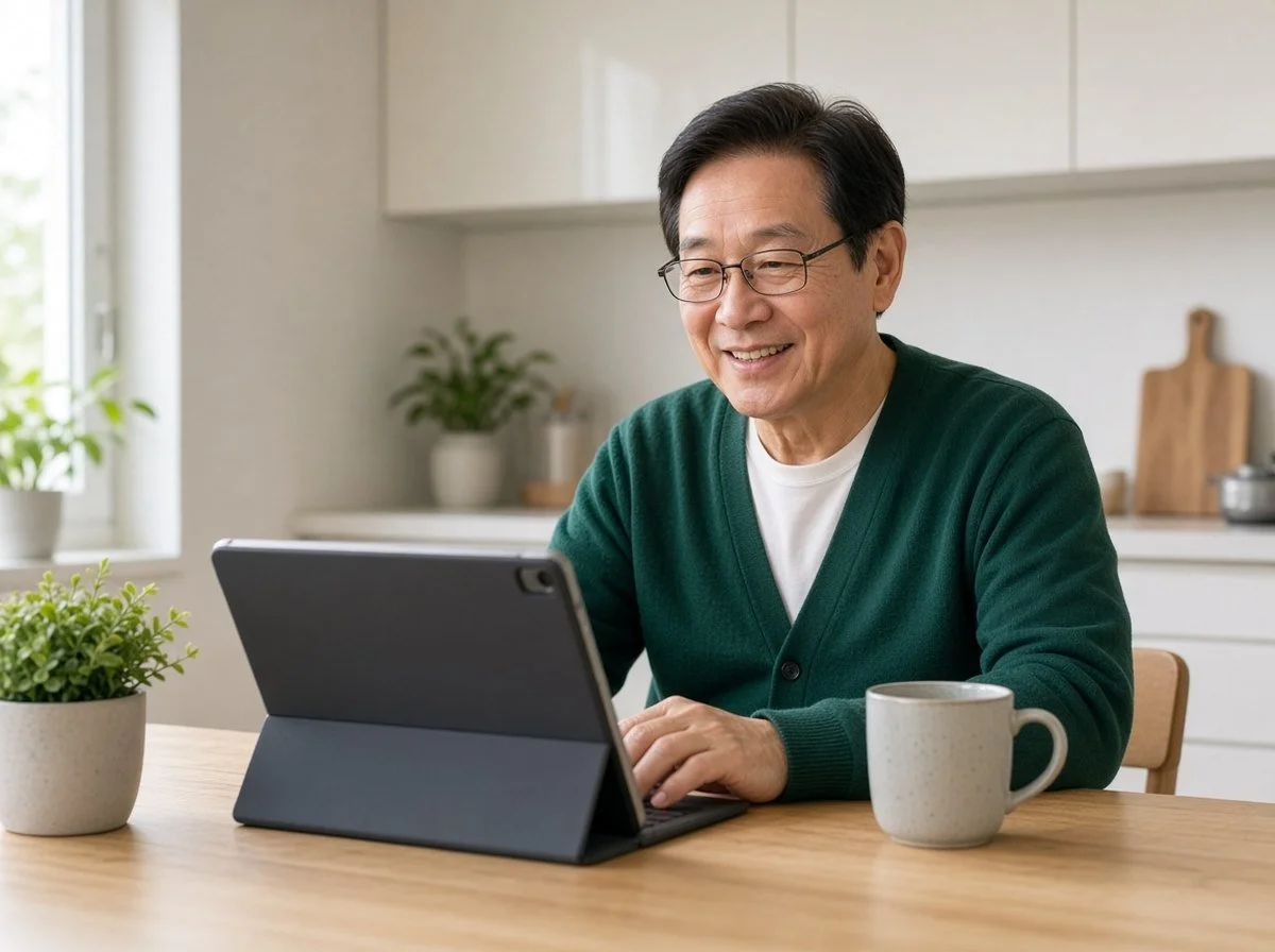 Older man smiling during a tablet video call at his kitchen table