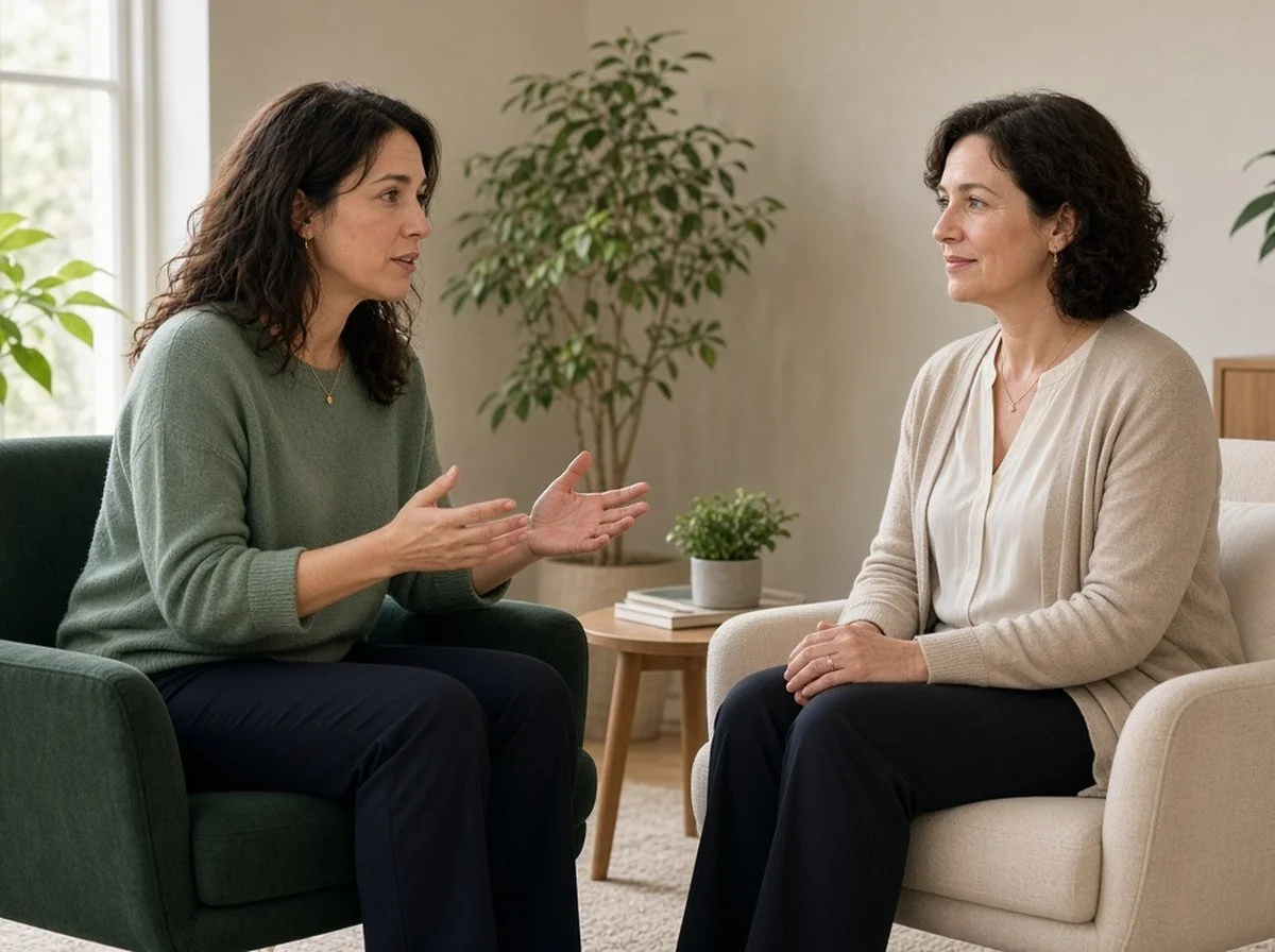 A counsellor and a woman talking face to face in a calm counselling room